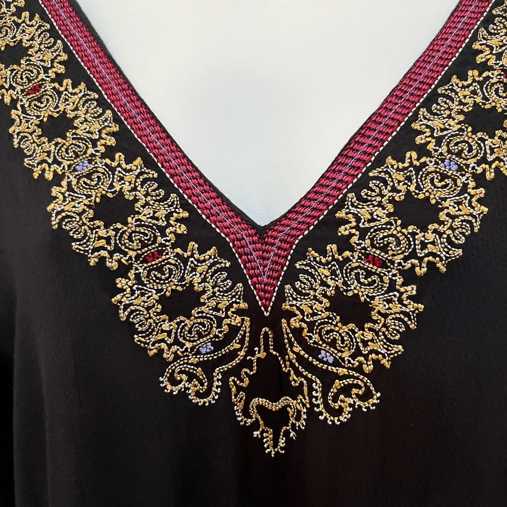 Free People Wild One Black Embroidered Long Sleeve V Neck Mini Dress Tunic XS